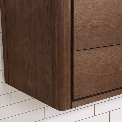 Vinnova, Cristo 72" Floating Double Bath Vanity in Aged Dark Brown Oak with Fish Maw White Quartz Stone Top and Mirror