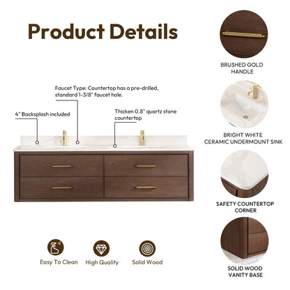 Vinnova, Cristo 72" Floating Double Bath Vanity in Aged Dark Brown Oak with Fish Maw White Quartz Stone Top and Mirror