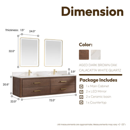 Vinnova, Cristo 72" Floating Double Bath Vanity in Aged Dark Brown Oak with Fish Maw White Quartz Stone Top and Mirror