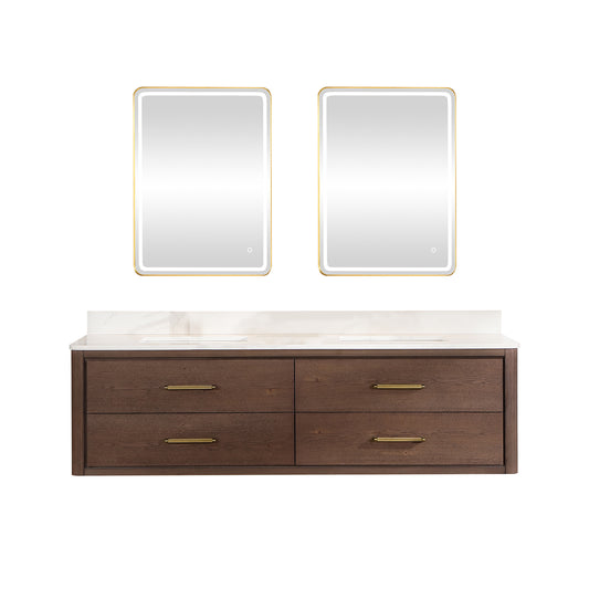 Vinnova, Cristo 72" Floating Double Bath Vanity in Aged Dark Brown Oak with Fish Maw White Quartz Stone Top and Mirror