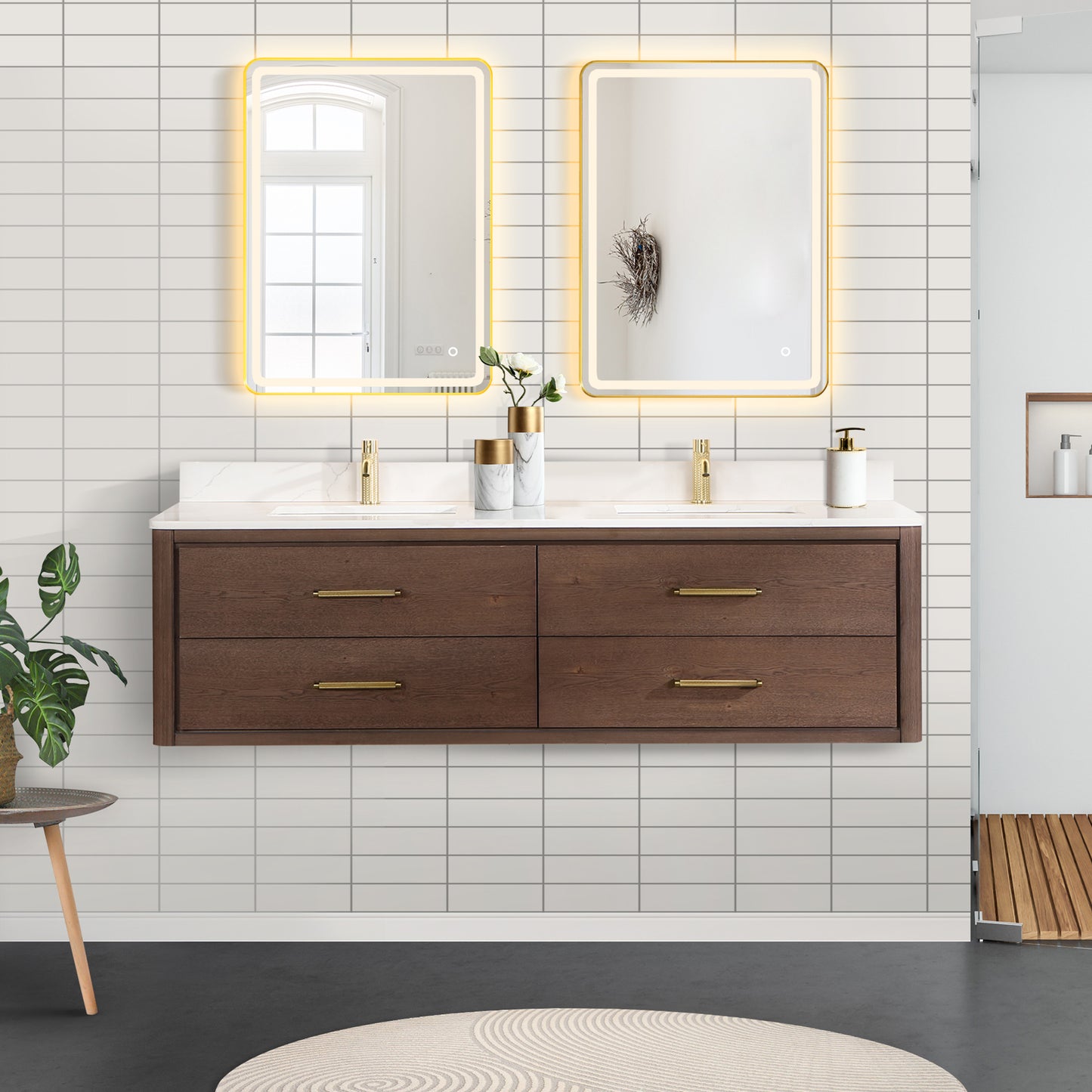 Vinnova, Cristo 72" Floating Double Bath Vanity in Aged Dark Brown Oak with Fish Maw White Quartz Stone Top and Mirror