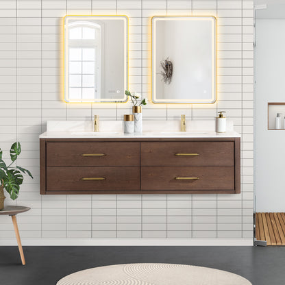 Vinnova, Cristo 72" Floating Double Bath Vanity in Aged Dark Brown Oak with Fish Maw White Quartz Stone Top and Mirror