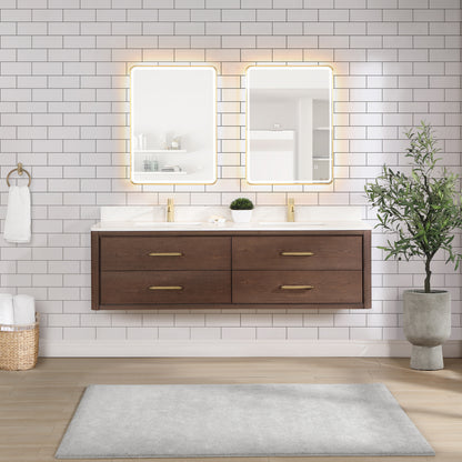 Vinnova, Cristo 72" Floating Double Bath Vanity in Aged Dark Brown Oak with Fish Maw White Quartz Stone Top and Mirror