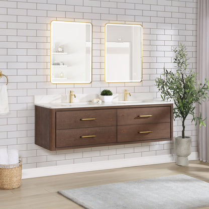 Vinnova, Cristo 72" Floating Double Bath Vanity in Aged Dark Brown Oak with Fish Maw White Quartz Stone Top and Mirror