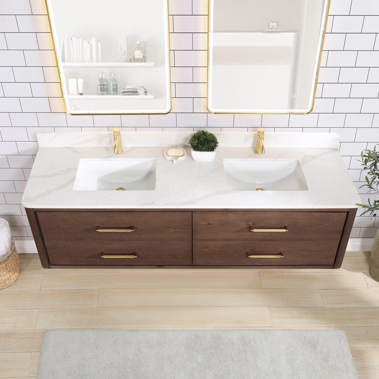 Vinnova, Cristo 72" Floating Double Bath Vanity in Aged Dark Brown Oak with Fish Maw White Quartz Stone Top and Mirror