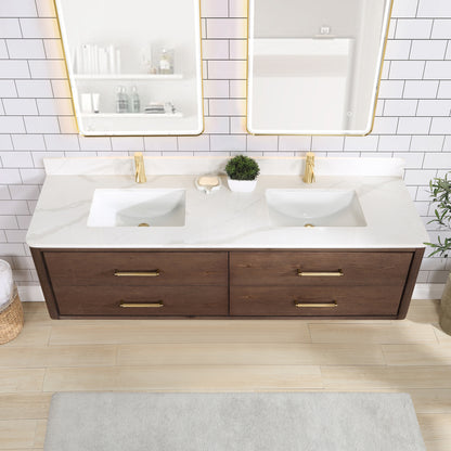 Vinnova, Cristo 72" Floating Double Bath Vanity in Aged Dark Brown Oak with Fish Maw White Quartz Stone Top and Mirror