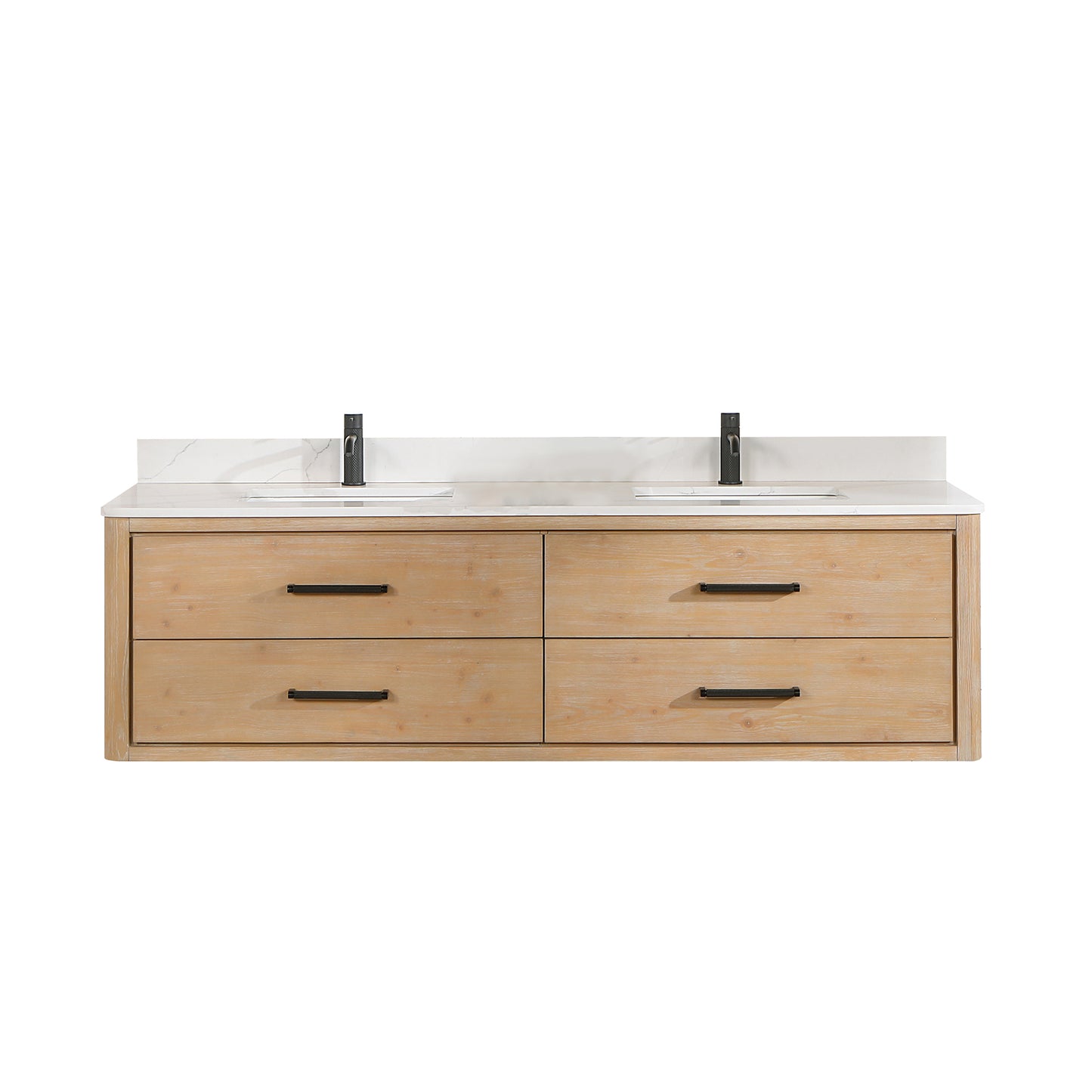 Vinnova, Cristo 72" Floating Double Bath Vanity in Fir Wood Brown with Fish Maw White Quartz Stone Top