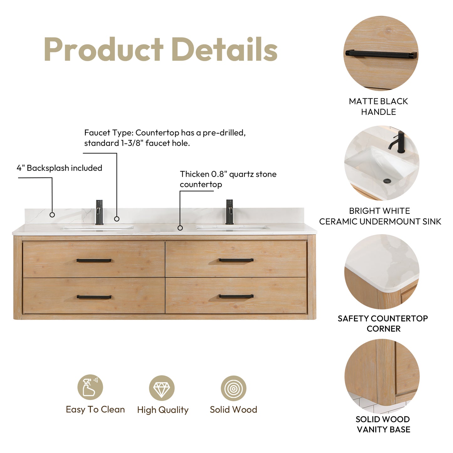 Vinnova, Cristo 72" Floating Double Bath Vanity in Fir Wood Brown with Fish Maw White Quartz Stone Top