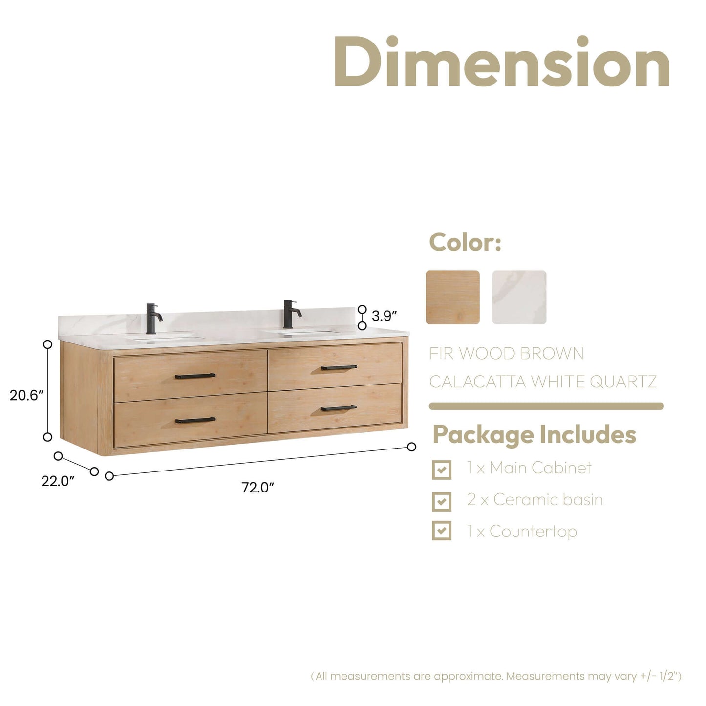 Vinnova Cristo 72-inch floating double vanity in brown fir wood with Fish Maw white quartz stone top