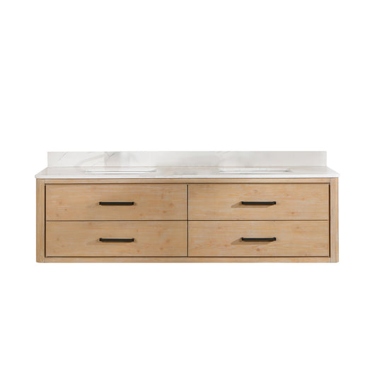 Vinnova, Cristo 72" Floating Double Bath Vanity in Fir Wood Brown with Fish Maw White Quartz Stone Top