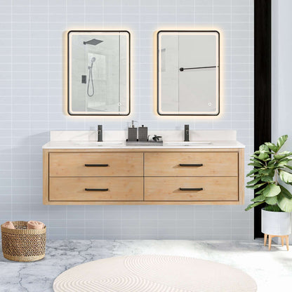Vinnova Cristo 72-inch floating double vanity in brown fir wood with Fish Maw white quartz stone top
