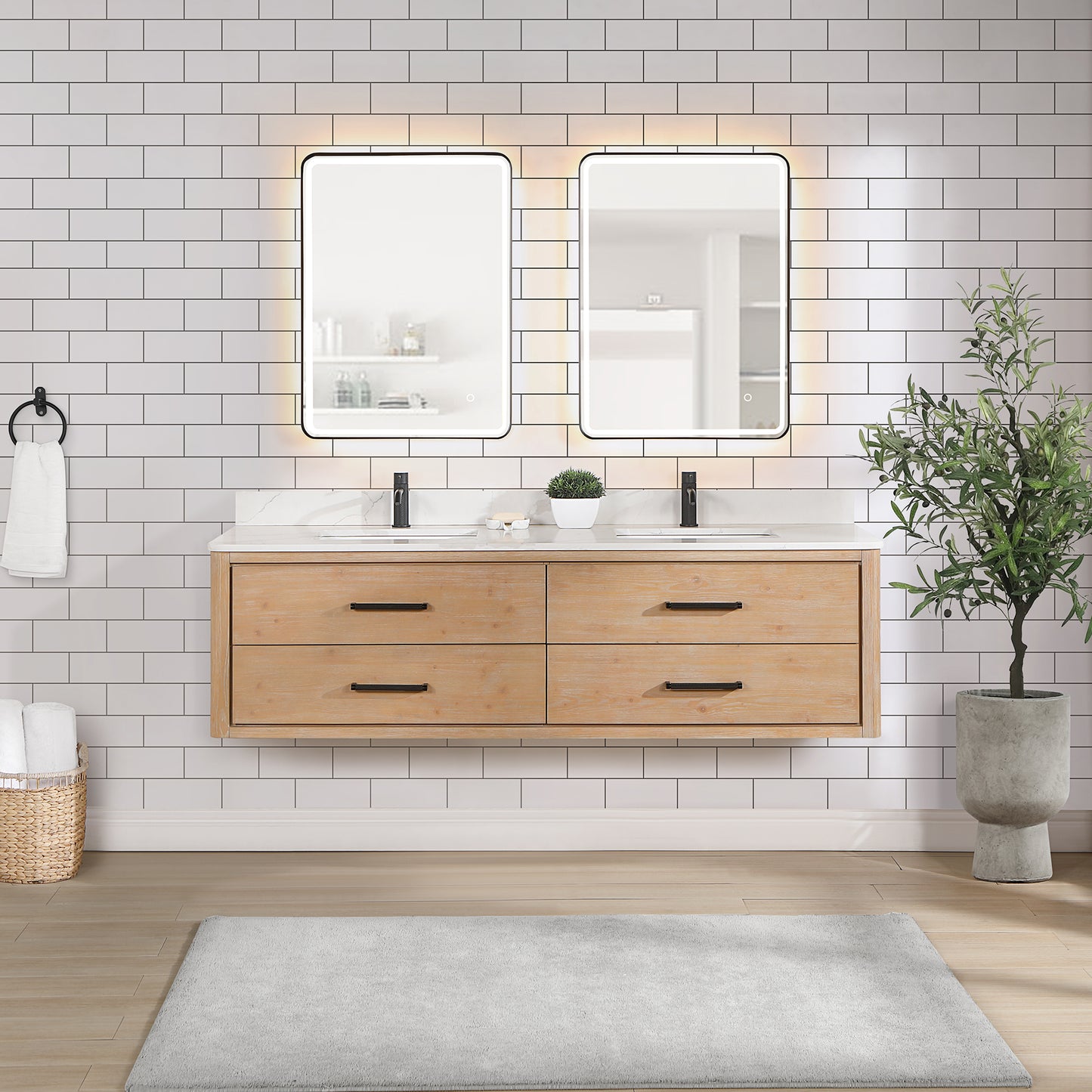 Vinnova, Cristo 72" Floating Double Bath Vanity in Fir Wood Brown with Fish Maw White Quartz Stone Top