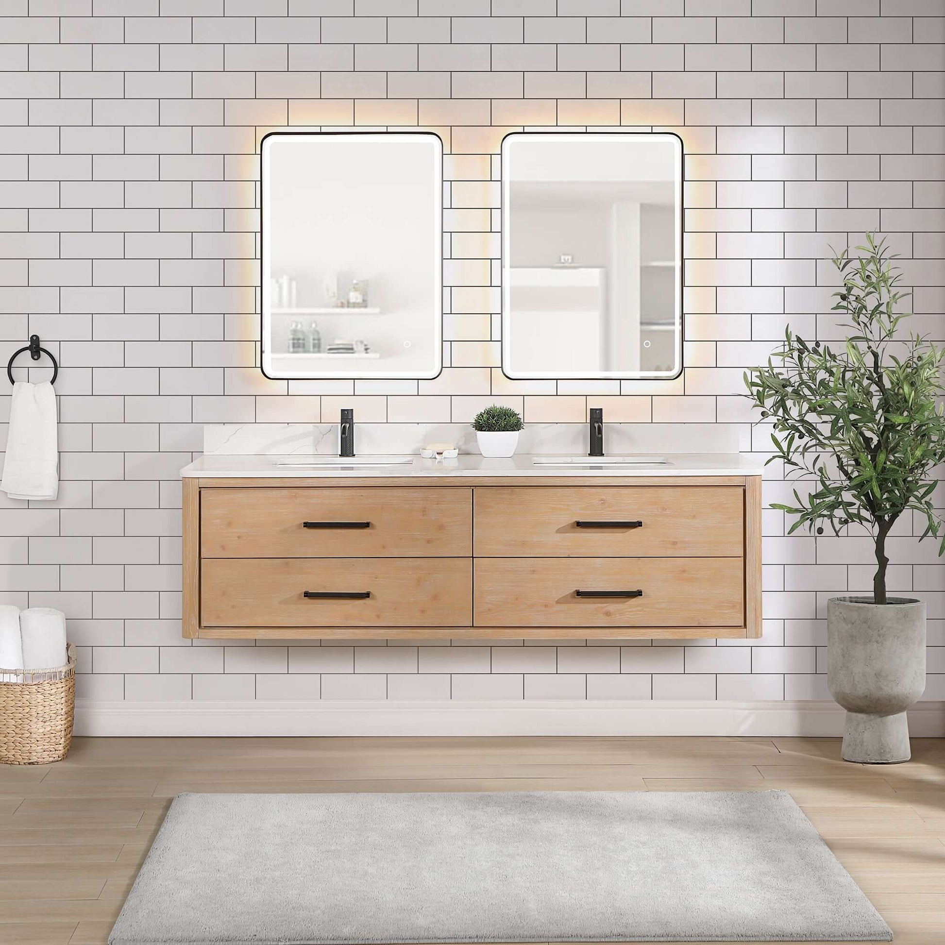 Vinnova Cristo 72-inch floating double vanity in brown fir wood with Fish Maw white quartz stone top