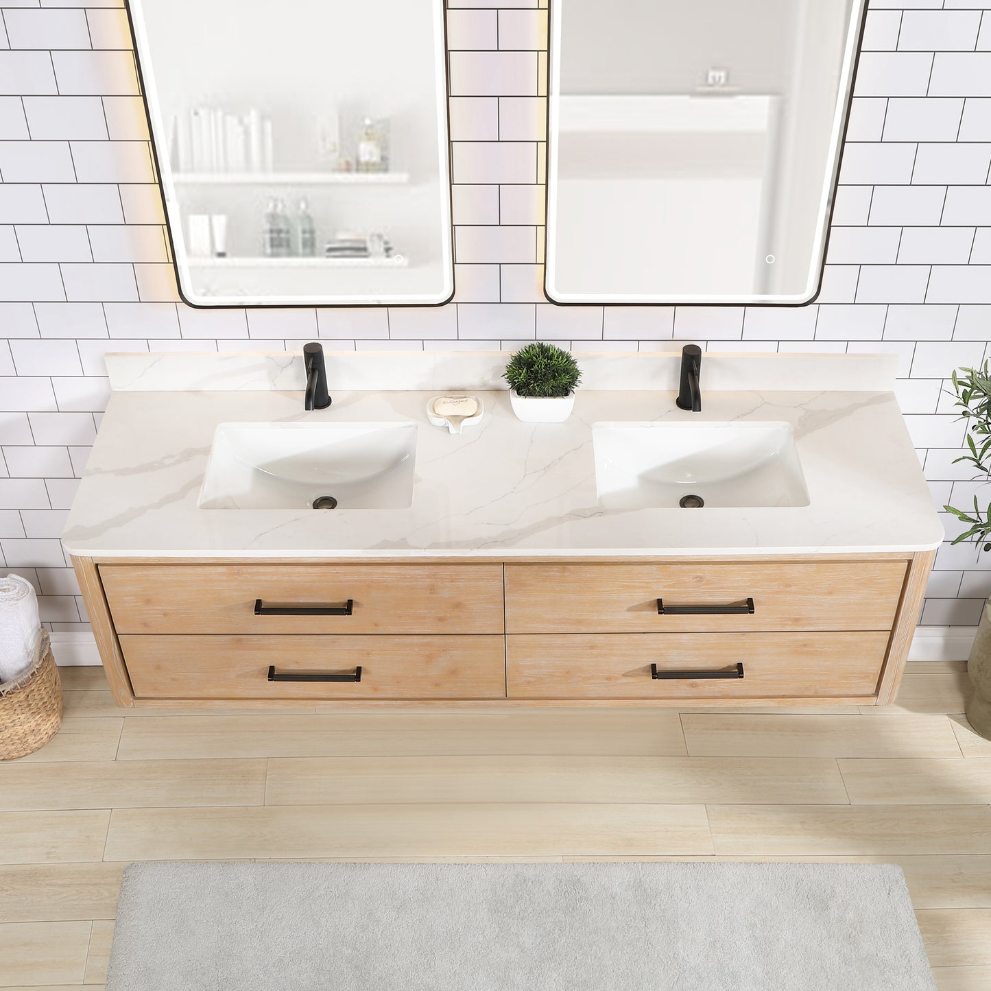 Vinnova, Cristo 72" Floating Double Bath Vanity in Fir Wood Brown with Fish Maw White Quartz Stone Top