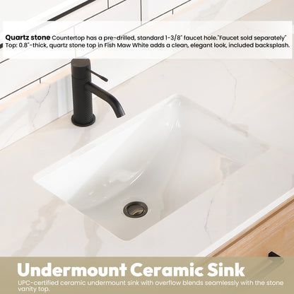 Vinnova, Cristo 72" Floating Double Bath Vanity in Fir Wood Brown with Fish Maw White Quartz Stone Top