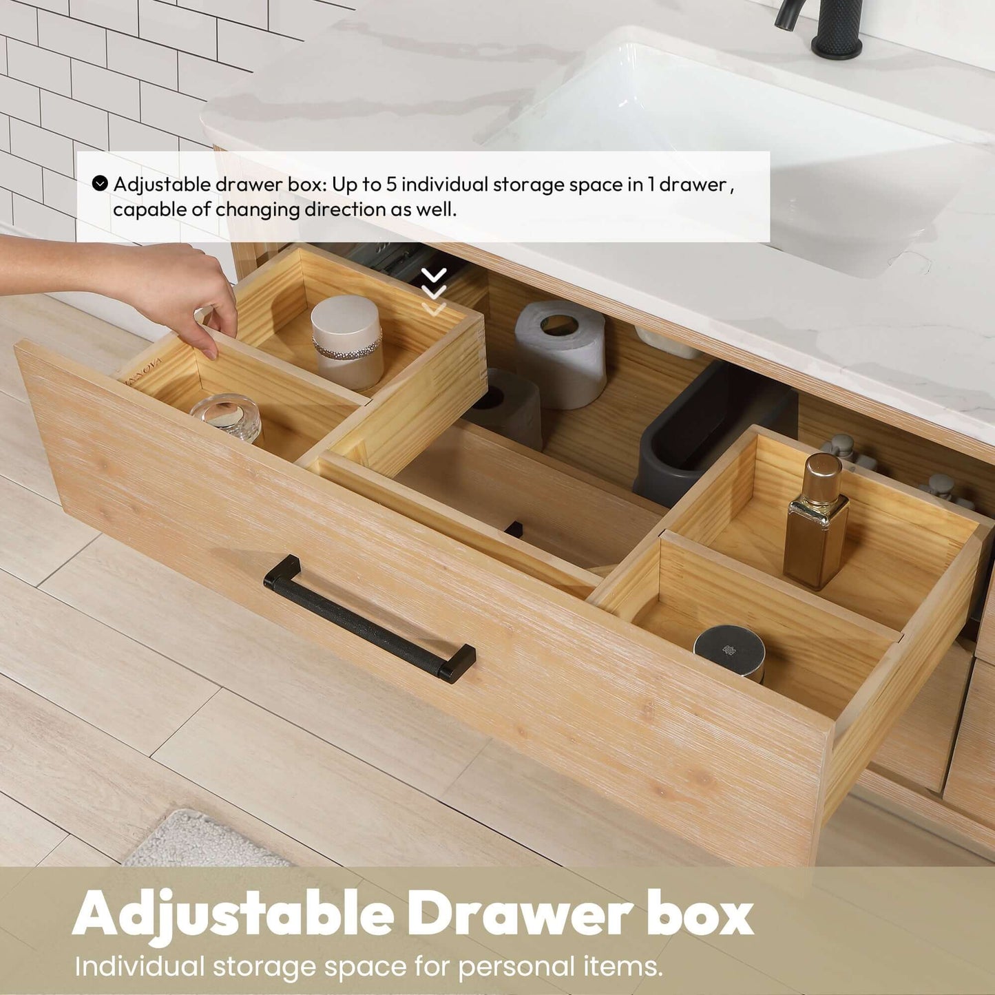 Vinnova Cristo 72-inch floating double vanity in brown fir wood with Fish Maw white quartz stone top