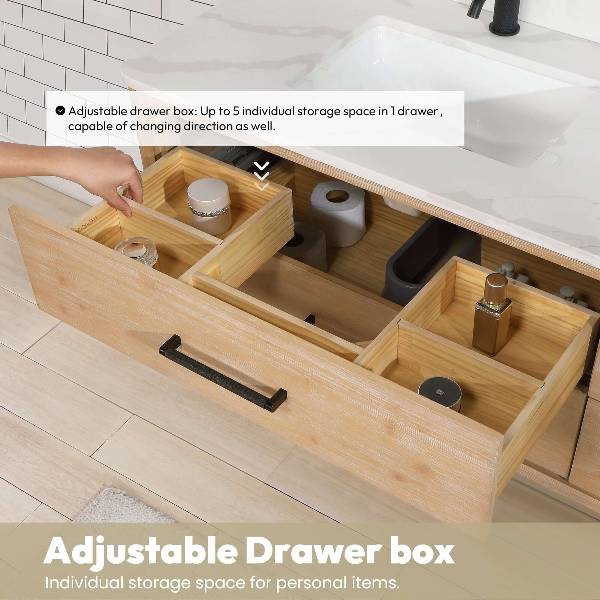 Vinnova Cristo 72-inch floating double vanity in brown fir wood with Fish Maw white quartz stone top