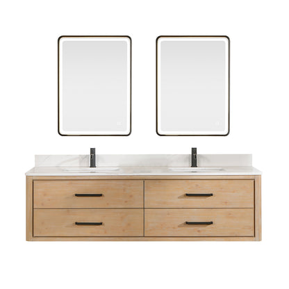 Vinnova, Cristo 72" Floating Double Bath Vanity in Fir Wood Brown with Fish Maw White Quartz Stone Top and Mirror