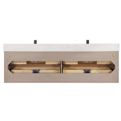 Vinnova Cristo 72-inch floating double vanity in brown fir wood with Fish Maw white quartz stone top and mirror