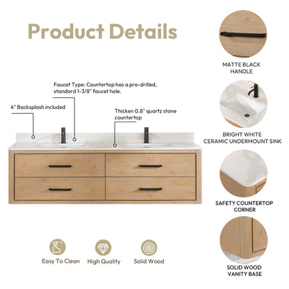 Vinnova, Cristo 72" Floating Double Bath Vanity in Fir Wood Brown with Fish Maw White Quartz Stone Top and Mirror