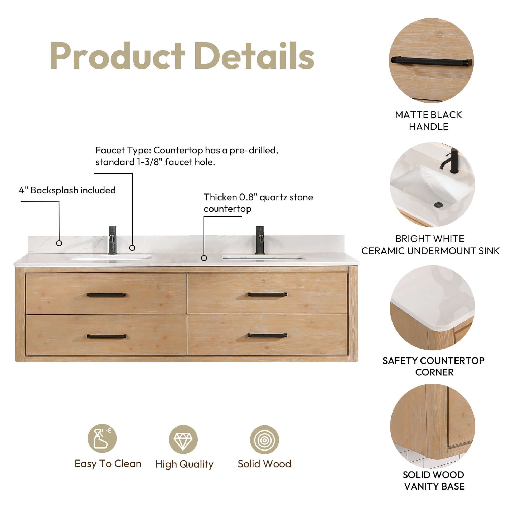 Vinnova Cristo 72-inch floating double vanity in brown fir wood with Fish Maw white quartz stone top and mirror