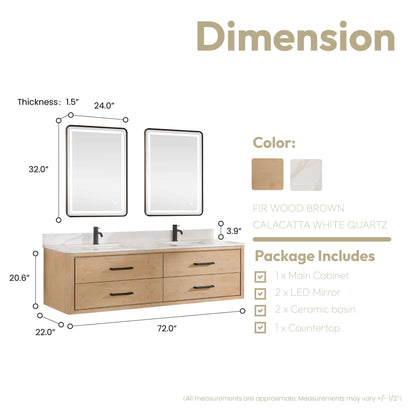Vinnova Cristo 72-inch floating double vanity in brown fir wood with Fish Maw white quartz stone top and mirror