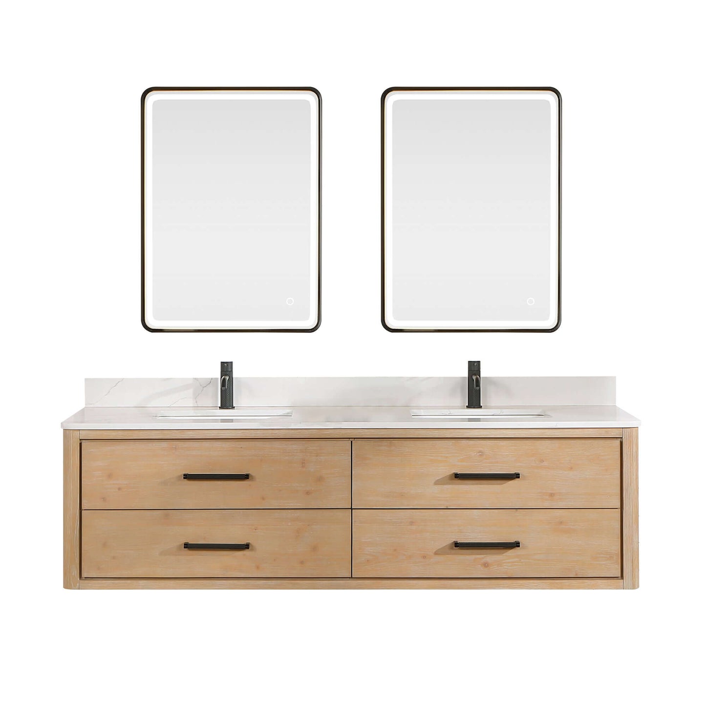 Vinnova Cristo 72-inch floating double vanity in brown fir wood with Fish Maw white quartz stone top and mirror