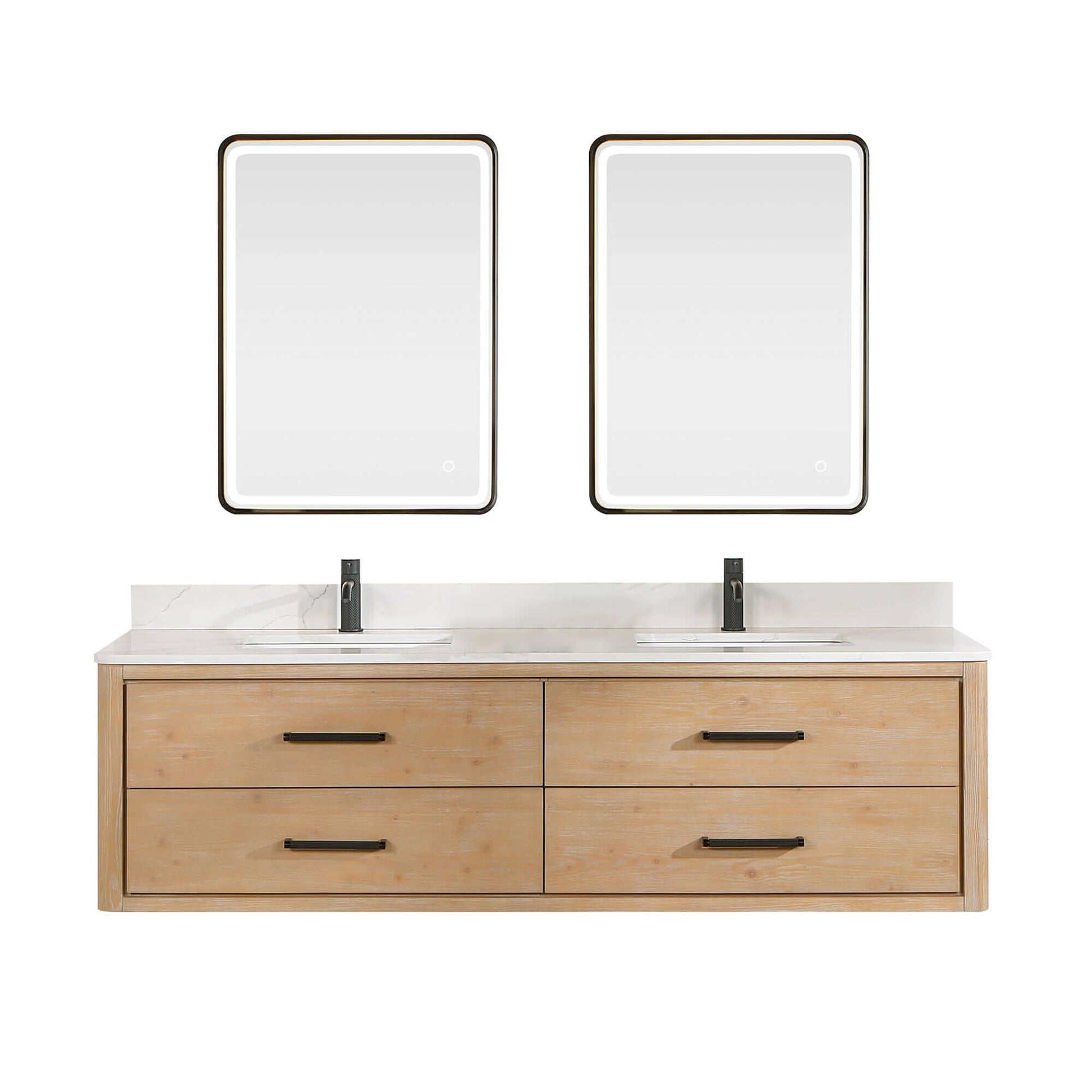 Vinnova Cristo 72-inch floating double vanity in brown fir wood with Fish Maw white quartz stone top and mirror