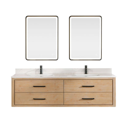 Vinnova Cristo 72-inch floating double vanity in brown fir wood with Fish Maw white quartz stone top and mirror