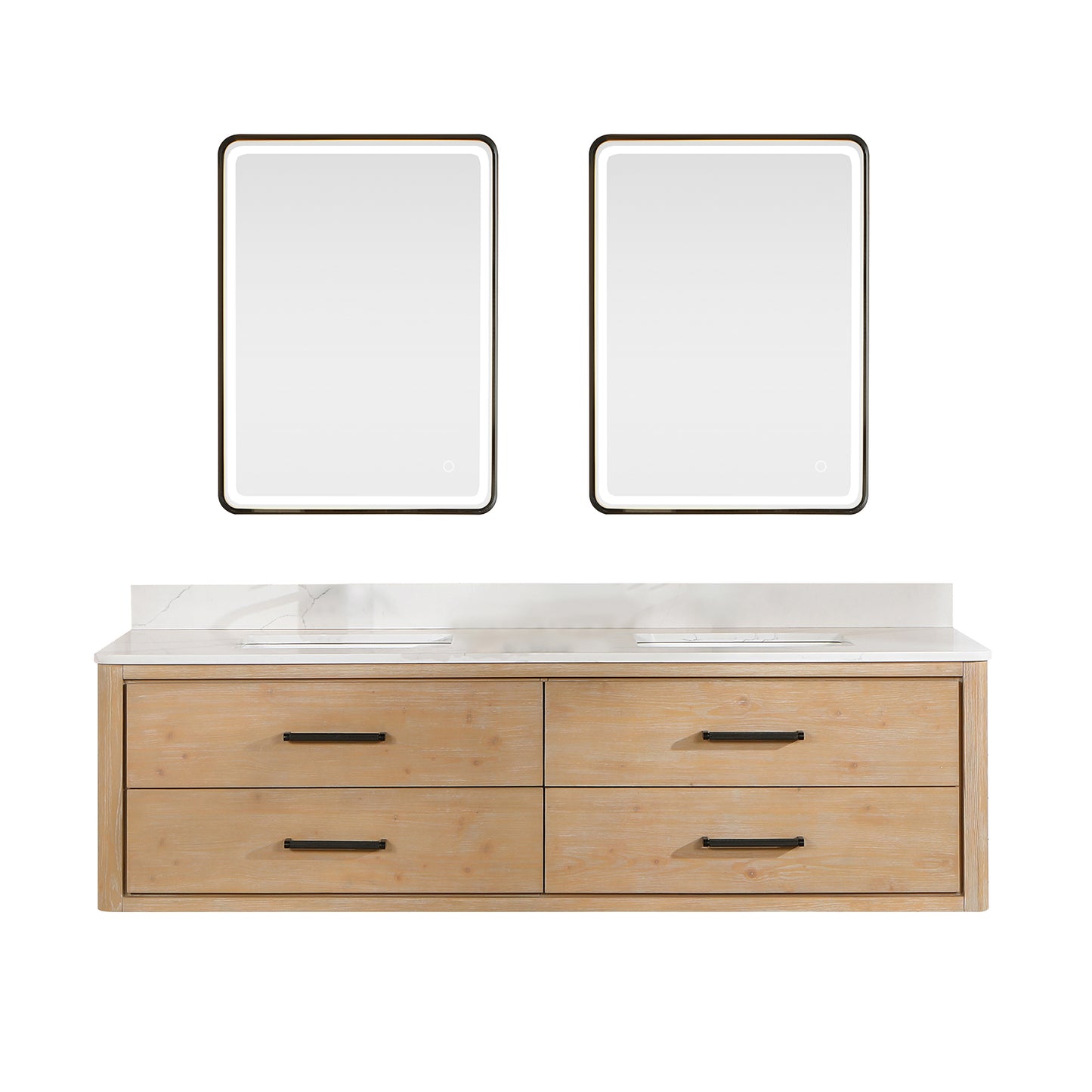 Vinnova, Cristo 72" Floating Double Bath Vanity in Fir Wood Brown with Fish Maw White Quartz Stone Top and Mirror