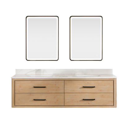 Vinnova, Cristo 72" Floating Double Bath Vanity in Fir Wood Brown with Fish Maw White Quartz Stone Top and Mirror