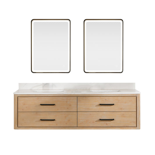 Vinnova, Cristo 72" Floating Double Bath Vanity in Fir Wood Brown with Fish Maw White Quartz Stone Top and Mirror