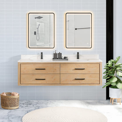 Vinnova, Cristo 72" Floating Double Bath Vanity in Fir Wood Brown with Fish Maw White Quartz Stone Top and Mirror