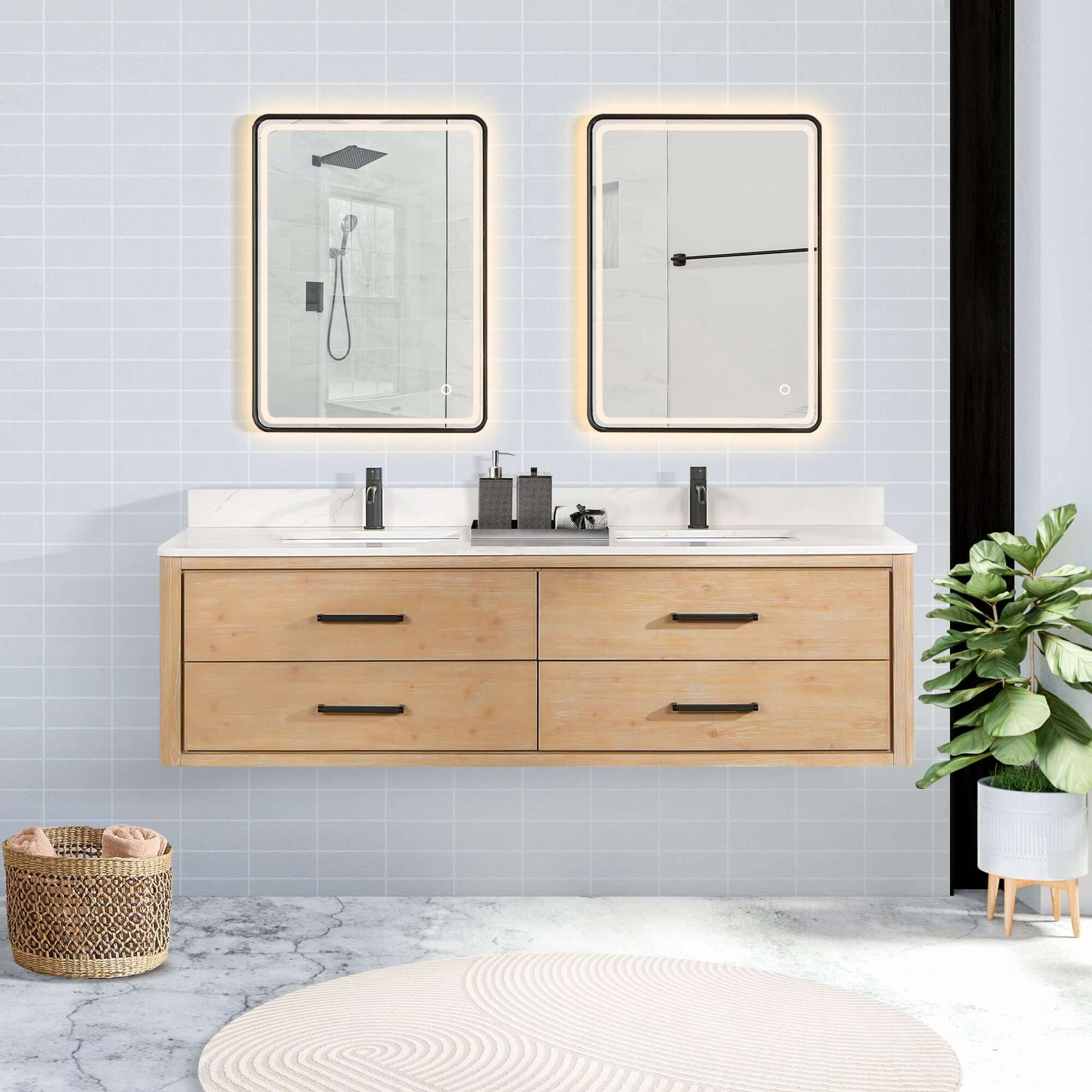 Vinnova Cristo 72-inch floating double vanity in brown fir wood with Fish Maw white quartz stone top and mirror