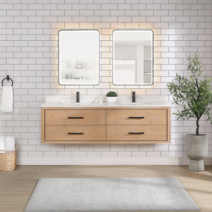 Vinnova, Cristo 72" Floating Double Bath Vanity in Fir Wood Brown with Fish Maw White Quartz Stone Top and Mirror