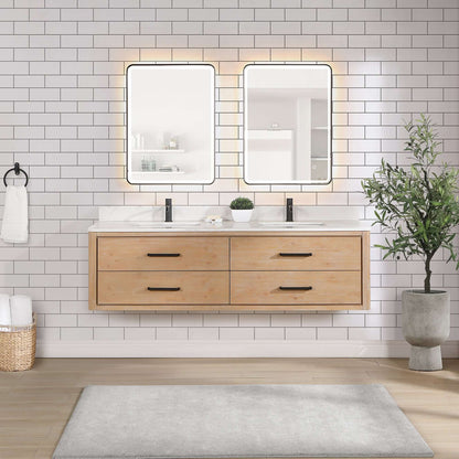 Vinnova Cristo 72-inch floating double vanity in brown fir wood with Fish Maw white quartz stone top and mirror