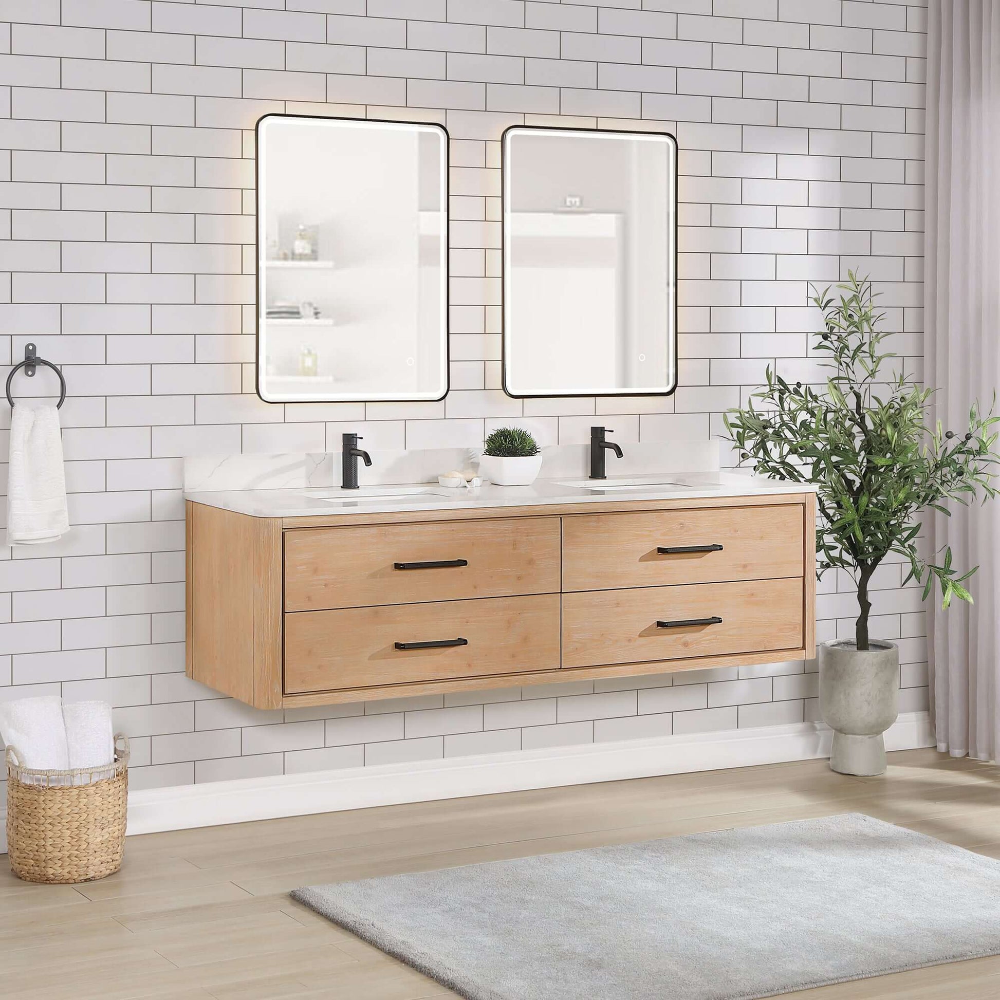 Vinnova Cristo 72-inch floating double vanity in brown fir wood with Fish Maw white quartz stone top and mirror