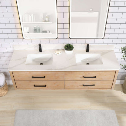 Vinnova Cristo 72-inch floating double vanity in brown fir wood with Fish Maw white quartz stone top and mirror