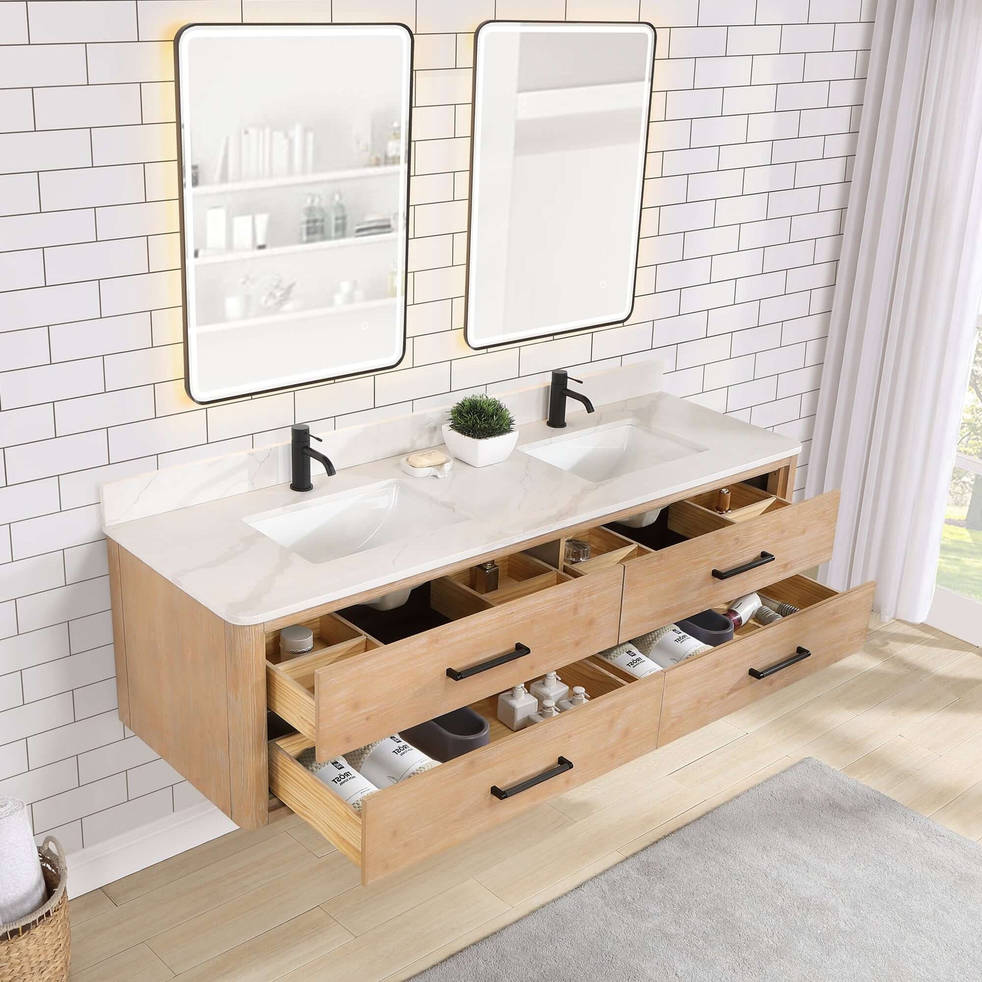 Vinnova Cristo 72-inch floating double vanity in brown fir wood with Fish Maw white quartz stone top and mirror