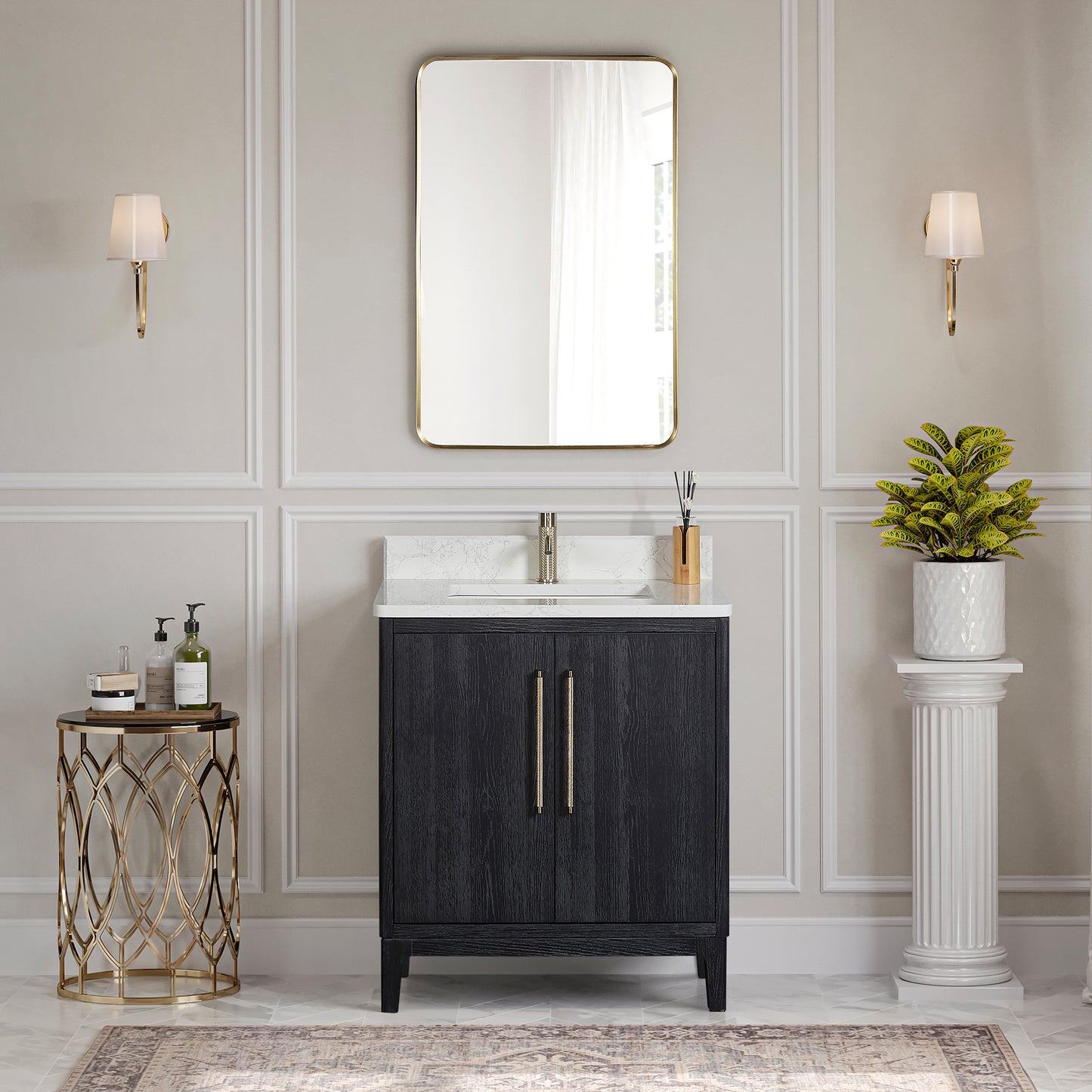 Vinnova, Gara 30" Free-standing Single Bath Vanity in Fir Wood Black with White Grain Composite Stone Top