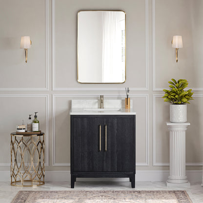 Vinnova, Gara 30" Free-standing Single Bath Vanity in Fir Wood Black with White Grain Composite Stone Top
