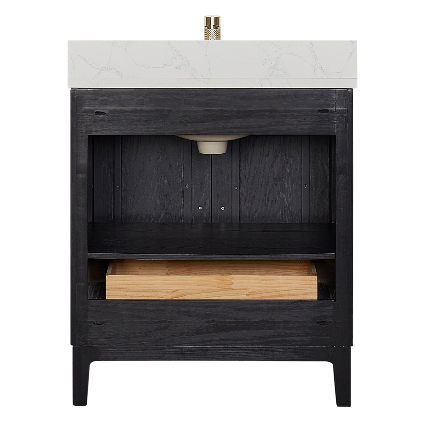 Vinnova, Gara 30" Free-standing Single Bath Vanity in Fir Wood Black with White Grain Composite Stone Top