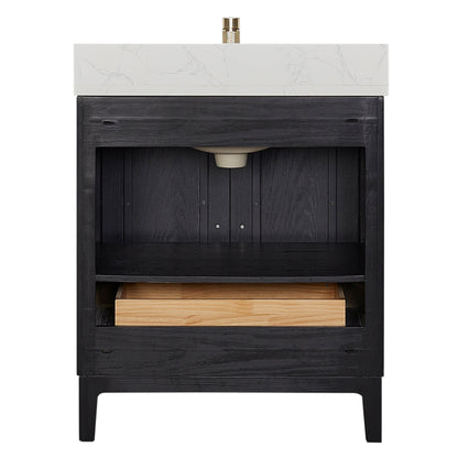 Vinnova, Gara 30" Free-standing Single Bath Vanity in Fir Wood Black with White Grain Composite Stone Top