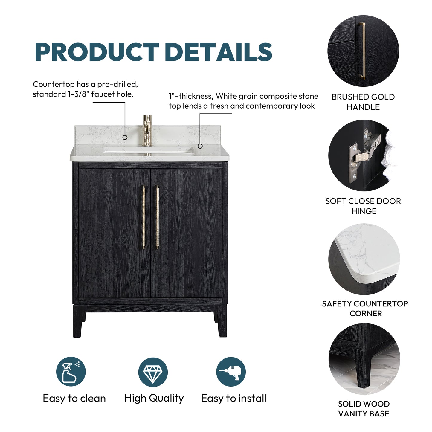 Vinnova, Gara 30" Free-standing Single Bath Vanity in Fir Wood Black with White Grain Composite Stone Top