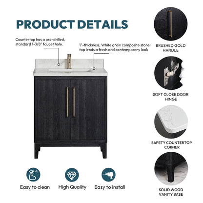 Vinnova, Gara 30" Free-standing Single Bath Vanity in Fir Wood Black with White Grain Composite Stone Top
