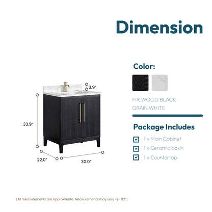 Vinnova, Gara 30" Free-standing Single Bath Vanity in Fir Wood Black with White Grain Composite Stone Top