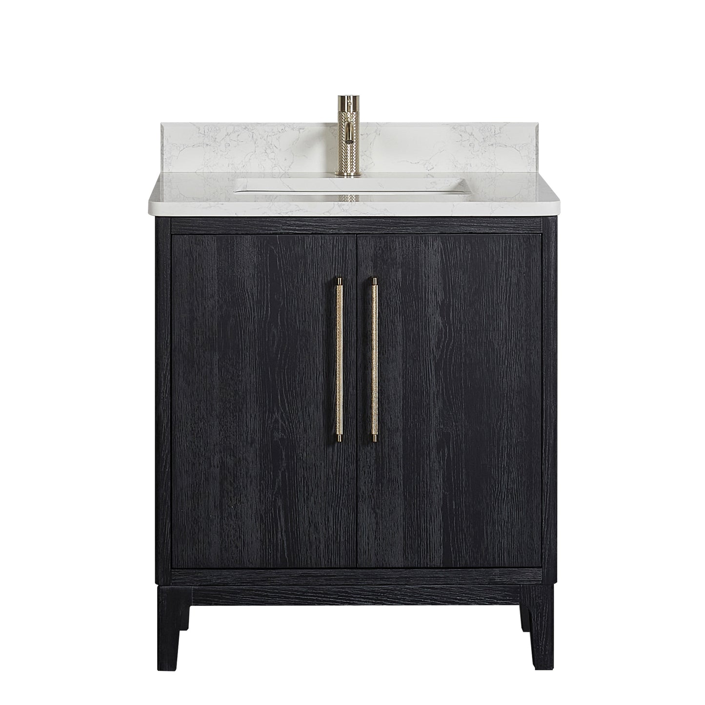 Vinnova, Gara 30" Free-standing Single Bath Vanity in Fir Wood Black with White Grain Composite Stone Top
