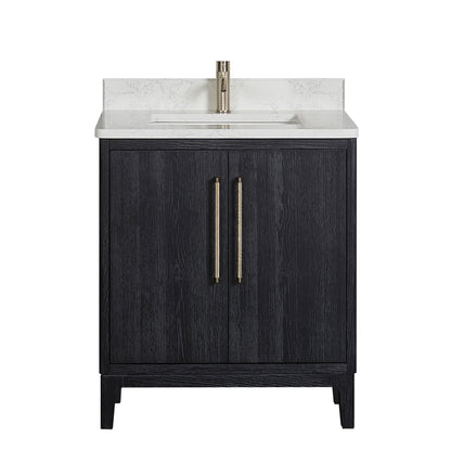 Vinnova, Gara 30" Free-standing Single Bath Vanity in Fir Wood Black with White Grain Composite Stone Top