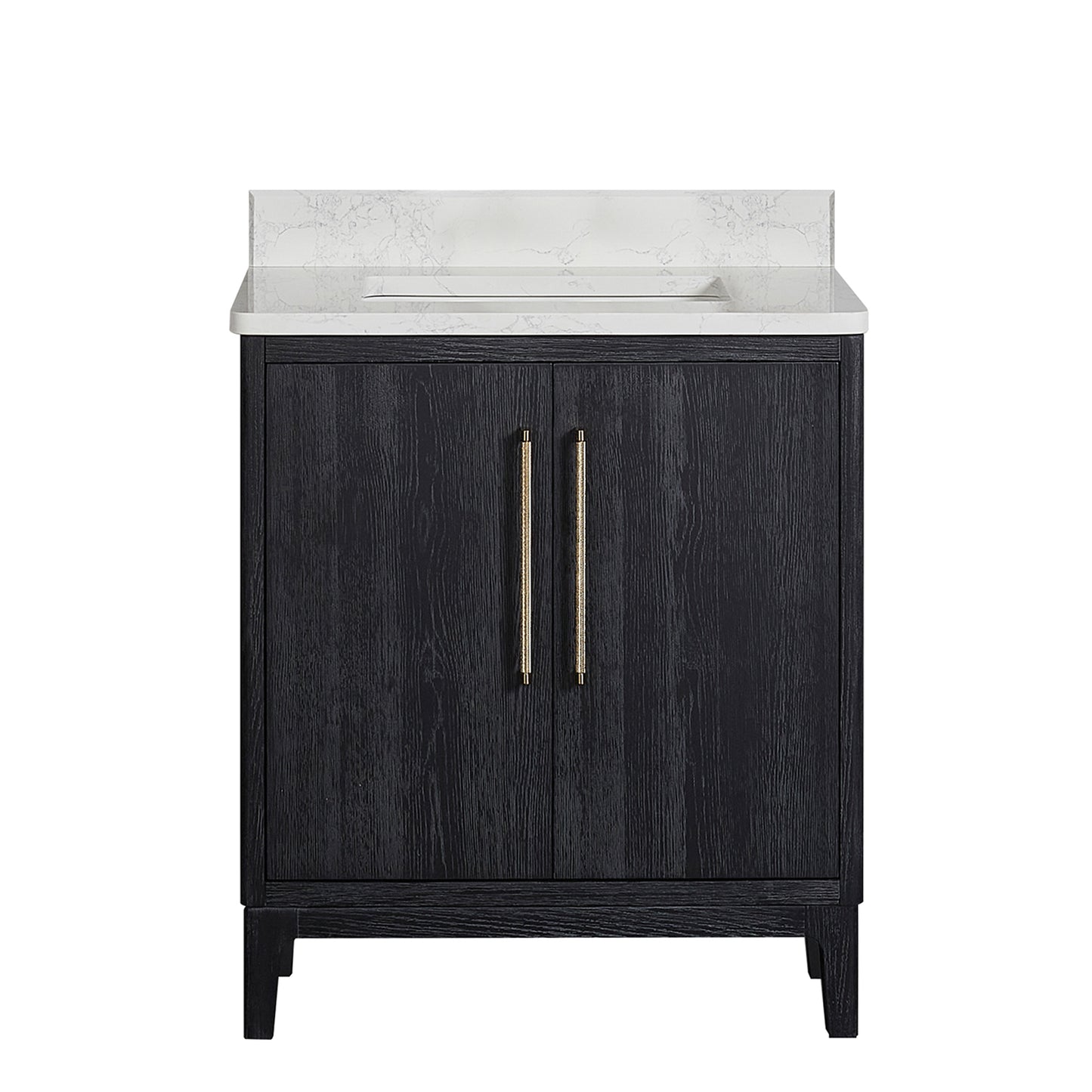 Vinnova, Gara 30" Free-standing Single Bath Vanity in Fir Wood Black with White Grain Composite Stone Top