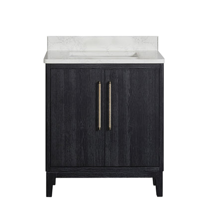 Vinnova, Gara 30" Free-standing Single Bath Vanity in Fir Wood Black with White Grain Composite Stone Top